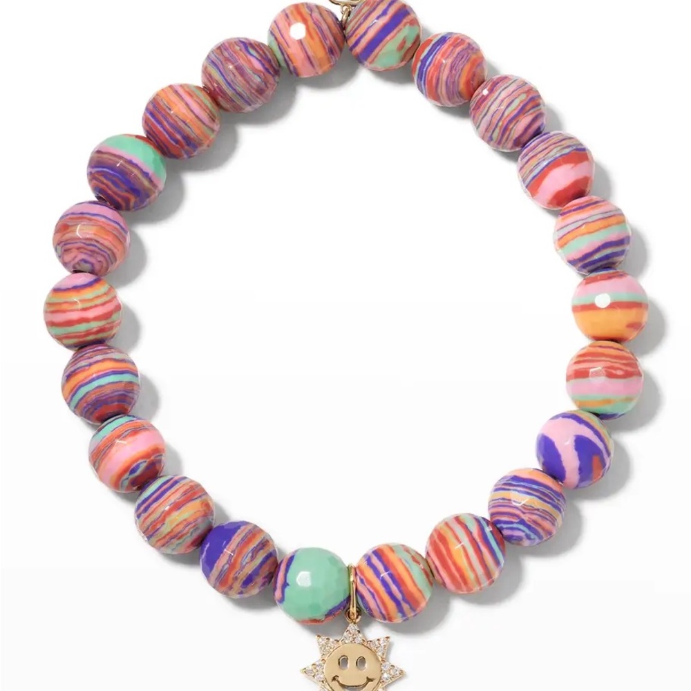 Sydney Evan pink striped jasper with happy face sun bracelet